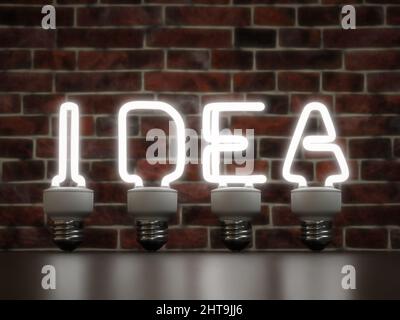3D rendering of four CFL light bulbs with glowing tubes shaped into IDEA word over brick wall Stock Photo