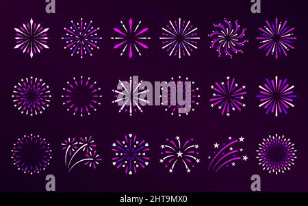 Firework sparkle holiday xmas beam flat set. Simple explosion party spark star shining sign celebrate christmas newyear birthday round icon. Greeting element design happy day postcard isolated Stock Vector