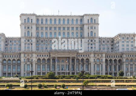 BUCHAREST, ROMANIA - AUGUST 16, 2021: The Palace of the Parliament at the center of city of Bucharest, Romania Stock Photo