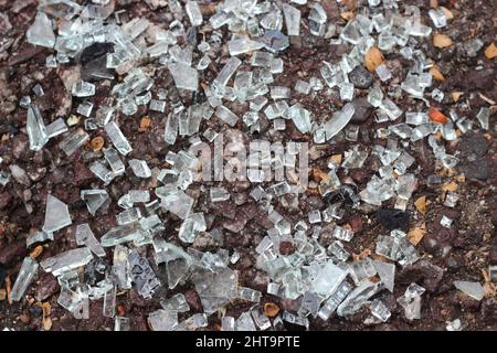 The shattered pieces of glass on floor Stock Photo