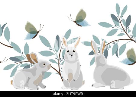 Vector Easter seamless pattern, border. Horizontal panoramic illustration with three bunnies. Stock Vector