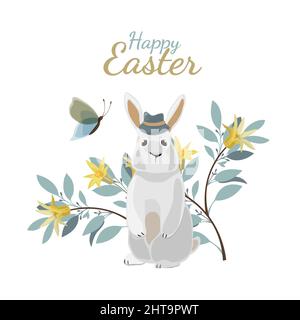 Vector Easter card. Bunny in a hat, twigs with yellow flowers, butterfly, on a white background. Stock Vector