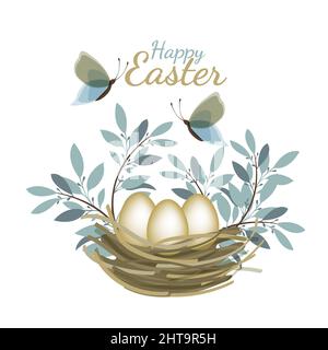 Vector Easter card. Nest with eggs, twigs, butterflies. Stock Vector