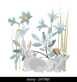 Vector Easter card. Two bunnies, daffodils, twigs and herbs. Stock Vector