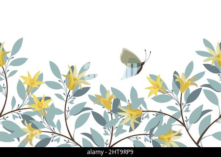 Vector floral seamless panoramic pattern, border. Blue twigs, leaves, yellow flowers, butterflies. Stock Vector