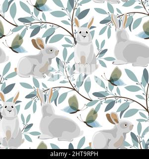 Vector Easter seamless pattern. Illustration with bunnies, twigs and butterflies. Stock Vector