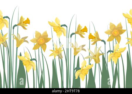 Vector floral seamless pattern, border. Horizontal panoramic background, yellow flowers. Stock Vector
