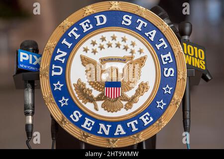 NEW YORK, NY – FEBRUARY 27: Seal of the United States Senate seen at a press conference by Senator Schumer on the Biden administration to push for emergency aid package to ukraine on February 27, 2022 in New York City. Credit: Ron Adar/Alamy Live News Stock Photo