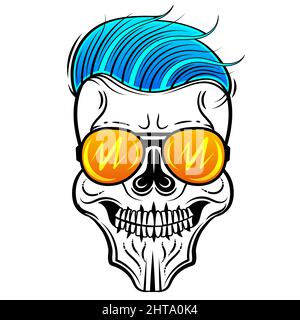 Hand drawn human skull wearing green aviator sunglasses, sketch style vector illustration isolated on white background. Realistic hand drawing of skul Stock Vector