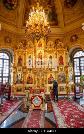 Altar with traditional icons inside the Nativity of Christ Church, Podil district, Kiev (Kyiv), capital city of Ukraine Stock Photo