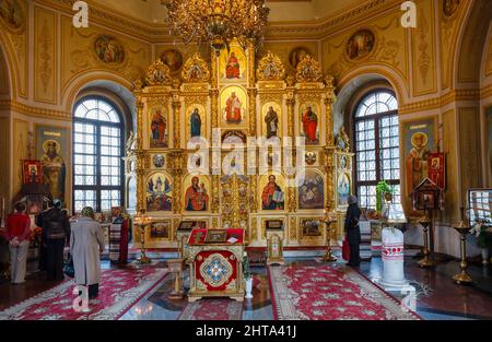 Interior with altar and traditional gilded icons inside the Nativity of Christ Church, Podil district, Kiev (Kyiv), capital city of Ukraine Stock Photo