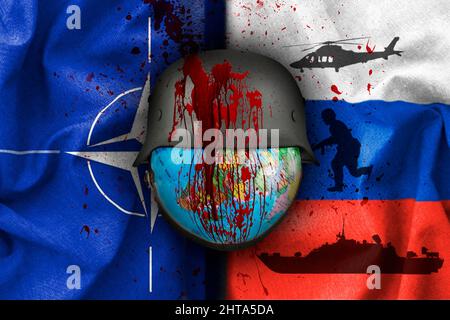 Russia and Nato flags , Earth with war helmet with blood , war background concept Stock Photo