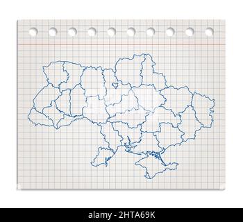 Ukraine map on a realistic squared sheet of paper torn from a block, blank Stock Photo