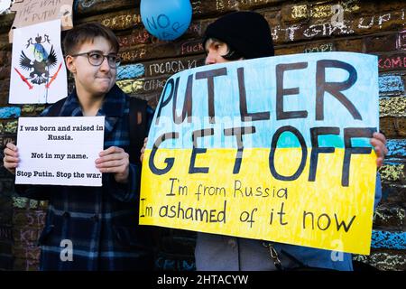 London, UK. 27th Feb, 2022. Protestors hold placards during the demonstration against Russiaís invasion of Ukraine outside the Russian Embassy in London. (Photo by Tejas Sandhu/SOPA Images/Sipa USA) Credit: Sipa USA/Alamy Live News Stock Photo