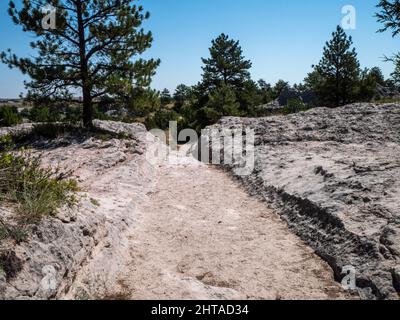 Wagon ruts left from the wagons going west on the Oregon trail found near Guernesy, WY Stock Photo