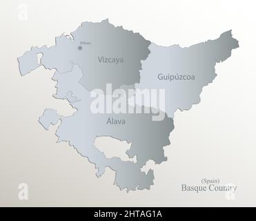 Basque Country map, administrative division with names, white blue card paper 3D vector Stock Vector