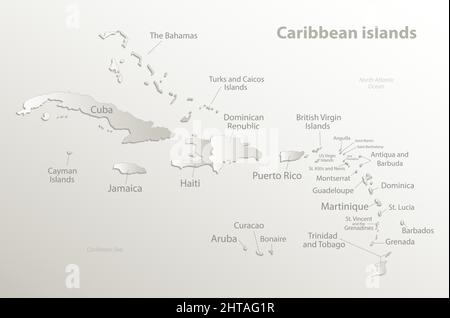 Caribbean islands map, island with names, card paper 3D natural vector Stock Vector