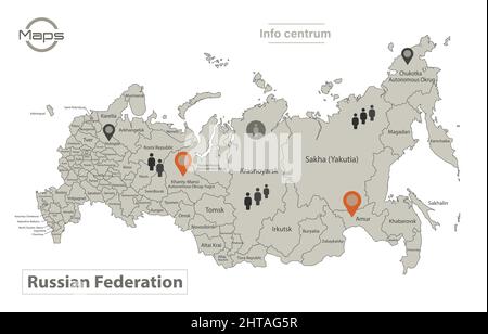 Russia map, individual regions with names, Infographics and icons vector Stock Vector