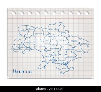 Ukraine map on a realistic squared sheet of paper torn from a block vector Stock Vector