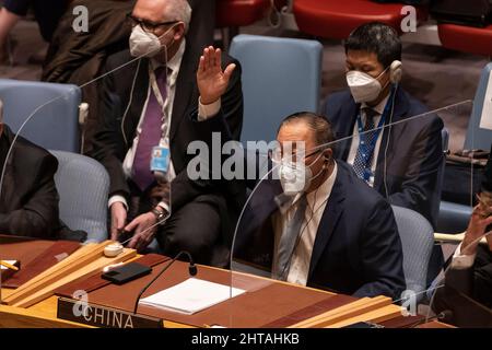 New York, USA. 27th Feb, 2022. China Ambassador Zhang Jun abstain votes during Security Council meeting and vote on resolution on Russian aggression on Ukraine at UN Headquarters in New York on February 27, 2022. 11 members of the Security Council voted to adopt the resolution, 3 members (UAE, India, China) abstained and Russia voted against the resolution. (Photo by Lev Radin/Sipa USA) Credit: Sipa USA/Alamy Live News Stock Photo