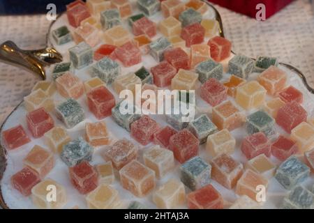 Load of traditional turkish delight lokum sugar coated soft candy Stock Photo
