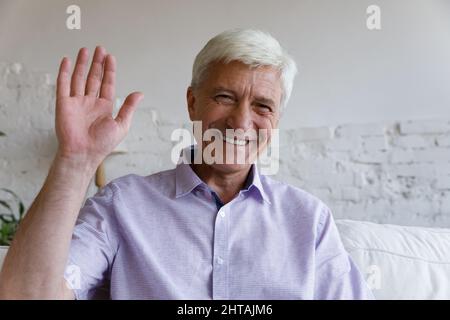 Head shot portrait senior man makes video call at home Stock Photo