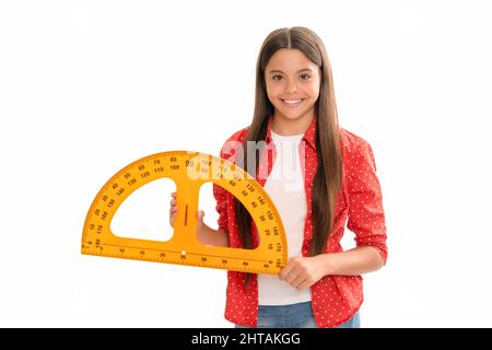 happy kid hold protractor study geometry at school isolated on white, school Stock Photo