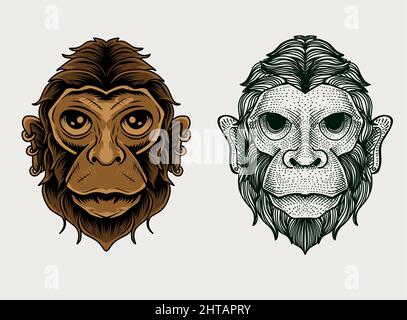 set monkey head engraving style - vector illustration Stock Vector