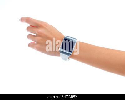 Cropped view of a woman wearing a smartwatch. The commercial product(s) or designs displayed in this image represent simulations of a real product Stock Photo