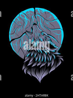 illustration vector roaring wolf on the moon Stock Vector