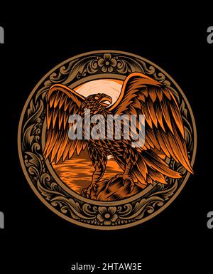 Illustration vector Eagle bird with vintage engraving ornament Stock Vector