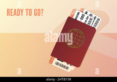 Start of Journey vector template. Two orange Air tickets in passport on check in desk. Vector Couple of Boarding Pass with shadows Stock Vector