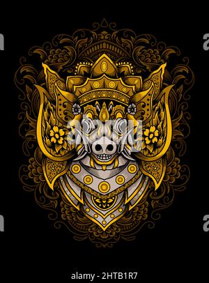 Illustration vector barong bangkung head with vintage engraving ornament Stock Vector