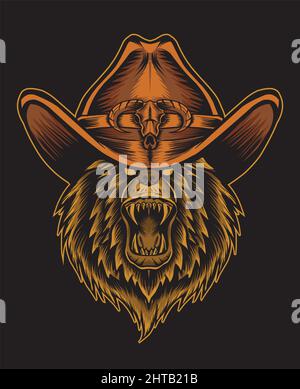 Illustration vector angry bear head with cowboy hat Stock Vector