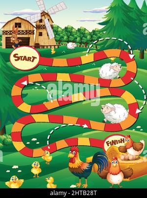 Snake and ladders game template in farm theme illustration Stock Vector