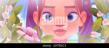 Girl face and flowers at spring or summer garden, young ginger freckled woman surrounded with beautiful pink blossoms under blue sky, pretty female character portrait, Cartoon vector illustration Stock Vector