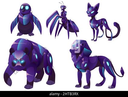 Mechanical animals, panda, lion, penguin, mantis and cat robots. Vector cartoon set of futuristic pets cyborgs, purple mechanic bear, kitten and sea bird isolated on white background Stock Vector
