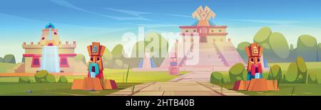 Aztec city with pyramids and statues, mayan travel landmark with stone monuments on green field. Temple of Kukulkan or El Castillo Pyramid in Chichen Itza scenic landscape, Cartoon vector illustration Stock Vector