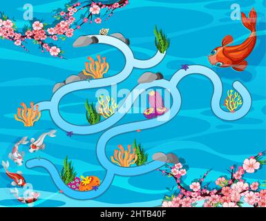 Underwater maze game template for kindergarten kids illustration Stock Vector