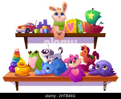 Kids toys, plush animals, car and wooden ship on shelves in child room, kindergarten or shop. Vector cartoon illustration of cute baby toys, soft bear, rabbit, blocks, pyramid, dog robot and duck Stock Vector