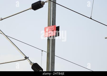 electric wire on pole,dc electric line. Stock Photo