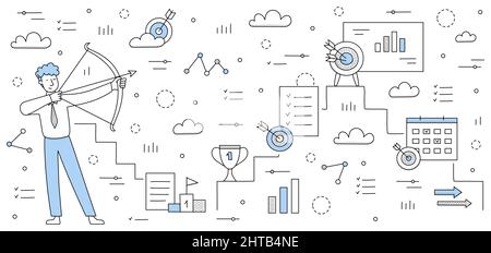 Business goal, tenacity, successful market strategy concept. Businessman aiming with bow into darts target. Aim achievement mission, opportunity, challenge, task solution Line art vector illustration Stock Vector