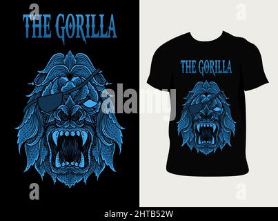 Illustration vector gorilla head with engraving ornament style Stock Vector