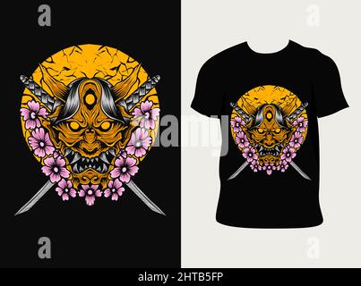 illustration oni mask with sakura flower on t shirt mockup Stock Vector