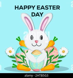 happy easter day hand drawn illustration with rabbit hugging eggs, carrot, plants, and flower Stock Vector