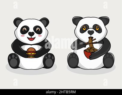 Set cute panda eating noodles and burger-vector illustration Stock Vector