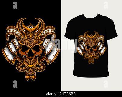 Illustration vector samurai skull head with t shirt design Stock Vector