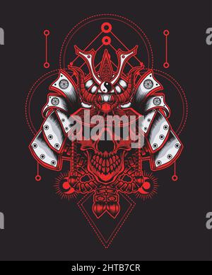 illustration vector samurai skull head with sacred geometry Stock Vector