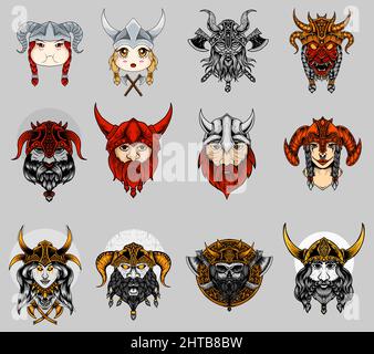 set 12 viking head on white background-vector Stock Vector