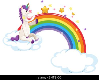 Unicorn sitting on a cloud with rainbow in cartoon style illustration Stock Vector